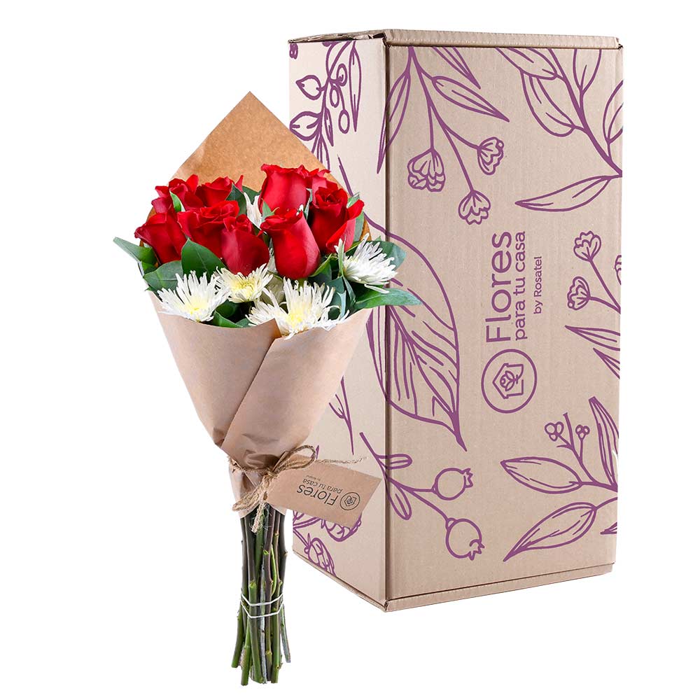 Ramo Rosas Rojas y Flores Blancas en Caja