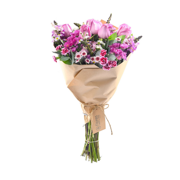 Ramo Premium con rosas lila y flores tonos lila y fucsia