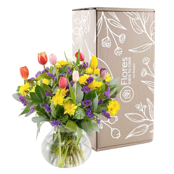 Arreglo de Vidrio: 8 Tulipanes Variados y Flores Variadas en Caja