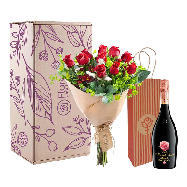 Pack Ramo de Rosas Rojas con Vino en Caja