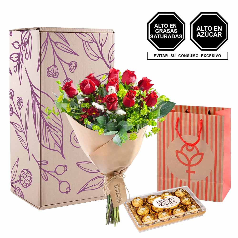 Pack Ramo con 10 Rosas Rojas y Ferrero Rocher en Caja